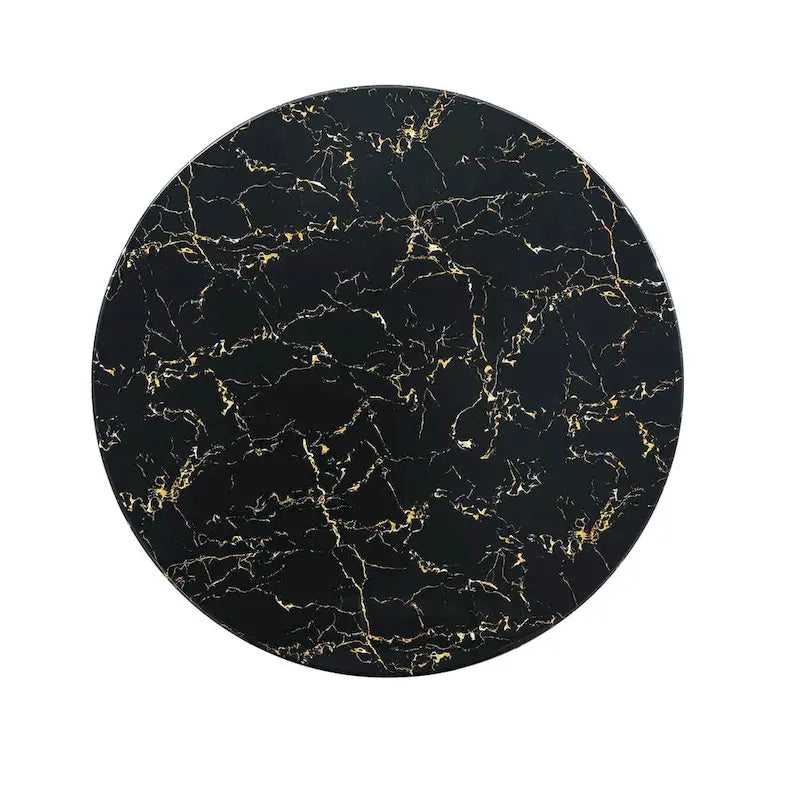 Table à manger ronde en MDF imprimé marbre noir, piètement colonnaire noir avec anneau doré (chaises non comprises)