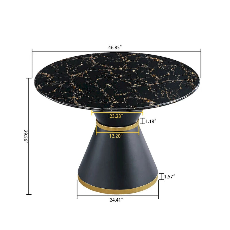 Table à manger ronde en MDF imprimé marbre noir, piètement colonnaire noir avec anneau doré (chaises non comprises)