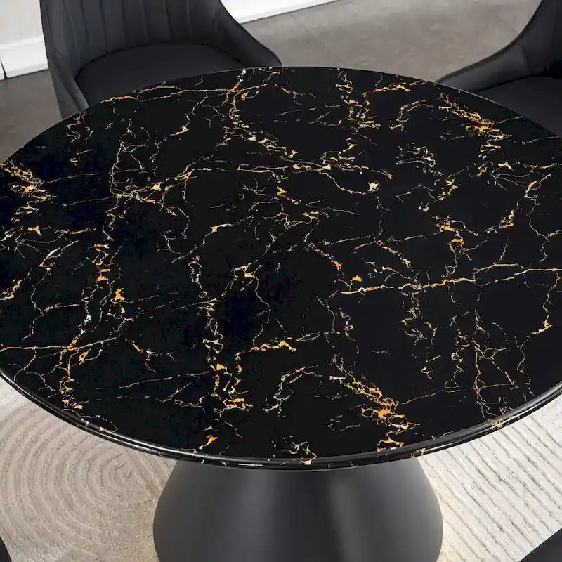 Table à manger ronde en MDF imprimé marbre noir, piètement colonnaire noir avec anneau doré (chaises non comprises)