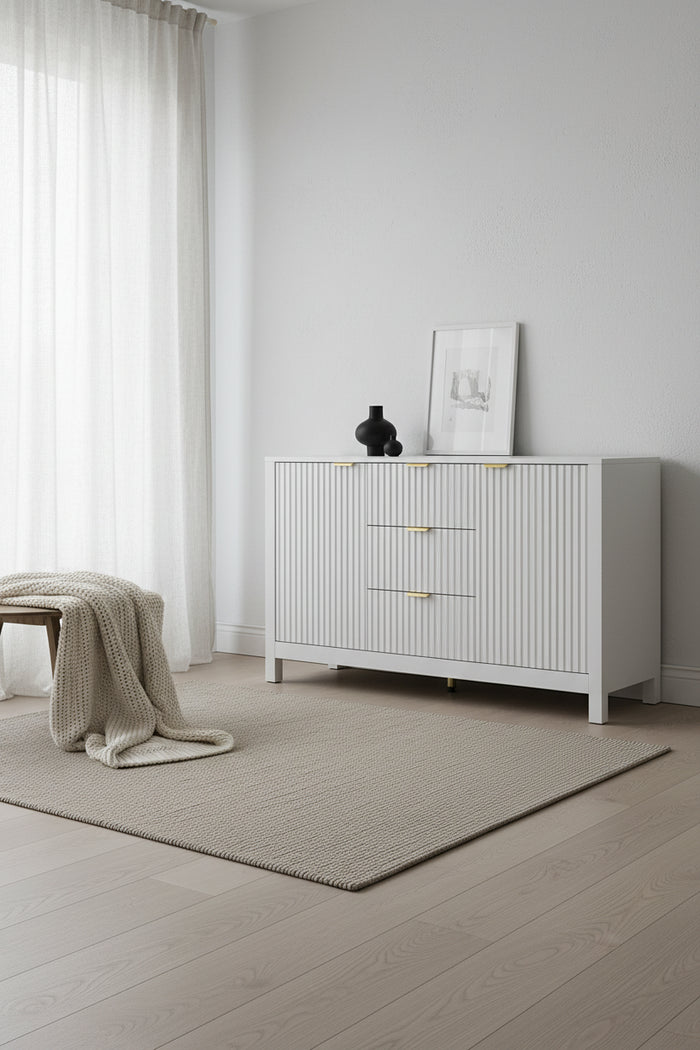 Meuble d'entrée moderne à design ondulé avec 3 étagères réglables, Console de rangement à 2 portes avec 3 tiroirs